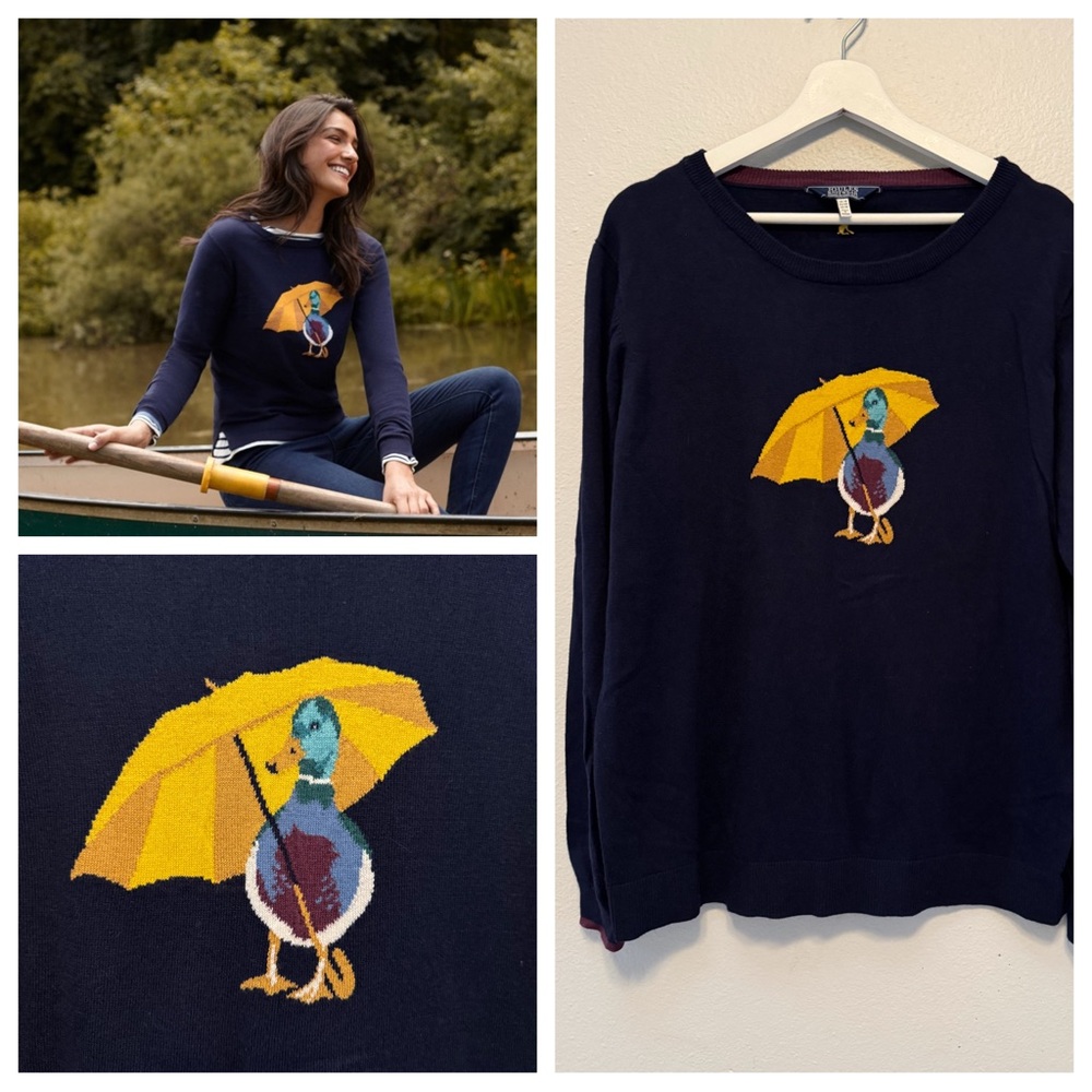 Joules Knitwear intarsia Miranda sweater in navy blue with duck/umbrella print